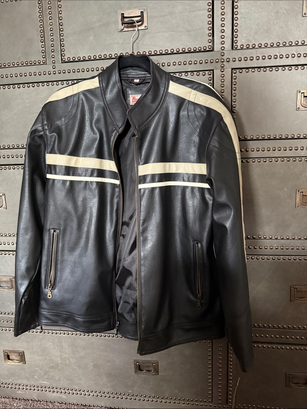 Point Zero Black Faux Leather Bomber Jacket with Cream Racing Stripes